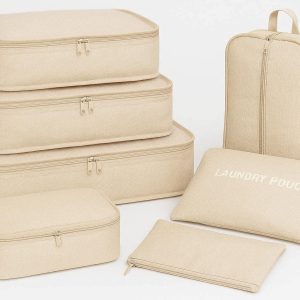 8 Set Luggage Packing Cubes with Shoe Bag and Laundry Pouch Lightweight Travel Organizer Bags for Suitcases Compression Mesh Cubes Beige
