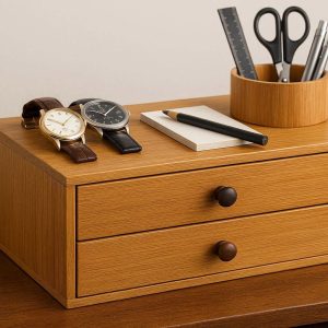 Desktop Storage Cabinet with 2 Wood Drawers Small Bamboo Organizer for Office Stationery Jewelry and Watches Executive Desk Decor Brown