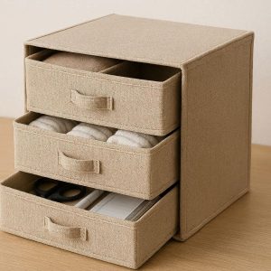 Fabric Desktop Storage Box with 3 Drawers Small Collapsible Cabinet for Underwear Socks and Office Supplies Space Saving Organizer Beige