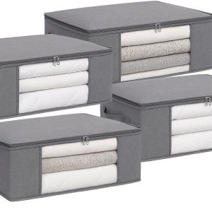 Underbed Storage Bags with Clear Window Set of 4 Foldable Fabric Clothes Organizer for Blankets Comforters Bedding and Winter Sweaters Gray
