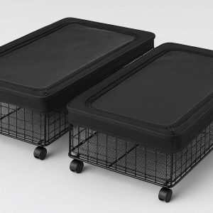 Underbed Storage Containers with Wheels Set of 2 Metal Wire Rolling Drawers with Dust Proof Cover for Clothes Shoes and Toys Black
