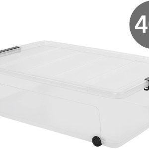 Hard Shell Plastic Underbed Storage Box with Lid 40L Large Capacity Rolling Flat Bin with Wheels for Bedding Organization Clear Design