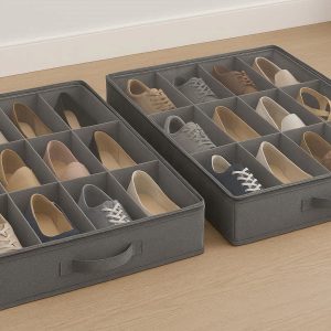 Underbed Shoe Storage Organizer with Clear Cover Set of 2 Fabric Dividers for 24 Pairs of Shoes Space Saving Under Bed Closet Gray