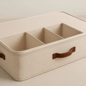 Breathable Canvas Underbed Storage Chest with Removable Dividers Large Soft Storage Box for Clothes Bedding and Toys with Leather Handles