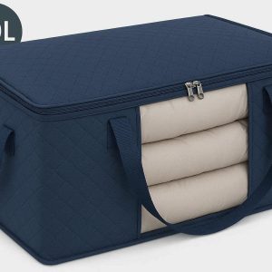 60L Extra Large Underbed Storage Bag with 3 Reinforced Handles Heavy Duty Fabric Clothes Organizer for Bulky Comforters Blankets Navy