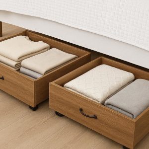 Underbed Storage Drawers on Wheels with Wood Grain Finish Set of 2 Large Rolling Under Bed Organizer for Bedroom Clothes and Blankets