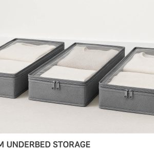 Slim Underbed Storage Box with 2 Way Zippers Low Profile Fabric Clothes Organizer with Clear Top for Small Spaces and Low Beds Set of 3
