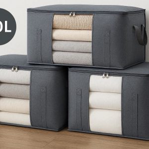 90L Extra Large Wardrobe Storage Bags Set of 3 Foldable Clothes Organizer with Reinforced Handles and Clear Window for Blankets Bedding