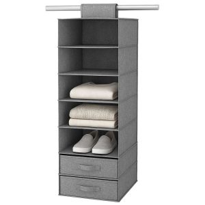 Hanging Wardrobe Organizer with 5 Shelves and Drawers Collapsible Canvas Closet Storage System for Clothes Sweaters Shoes Space Saving Gray