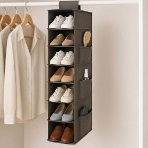 Hanging Shoe Organizer for Wardrobe Closet 10 Tier Narrow Storage Shelves for 10 Pairs of Shoes Space Saving Fabric Rack with Side Pockets