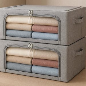 Foldable Wardrobe Clothes Organizer with Steel Frame Set of 2 Fabric Storage Boxes with Clear Window and Handles for Stackable Closet
