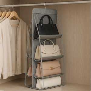 Hanging Handbag Organizer for Wardrobe Closet 6 Pocket Clear Plastic Purse Holder for Handbags and Clutches Dust Proof Storage Gray
