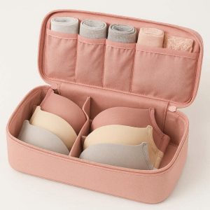 Underwear and Sock Organizer for Travel Portable Bra Storage Bag with Dividers and Zipper Pocket for Intimates and Small Accessories Pink