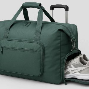 Foldable Travel Duffel Bag with Shoe Compartment Large Waterproof Weekend Carry On Bag with Trolley Sleeve for Gym Sport Luggage Green