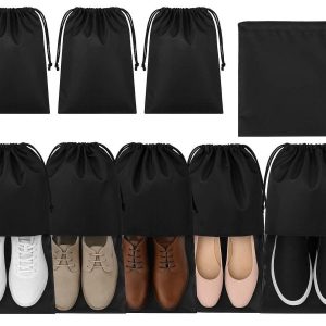 Shoe Bags for Travel Set of 10 Dust Proof Nylon Storage Pouches with Drawstring for Packing Shoes in Suitcases and Gym Organization Black